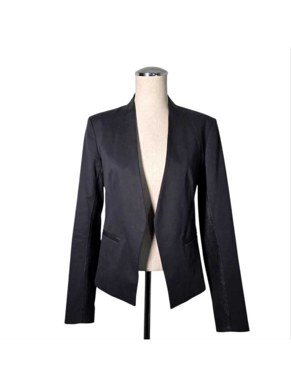 Theory Black Open Lined Blazer Tailored 2 Tone Cotton & Lamb Leather Sz 6